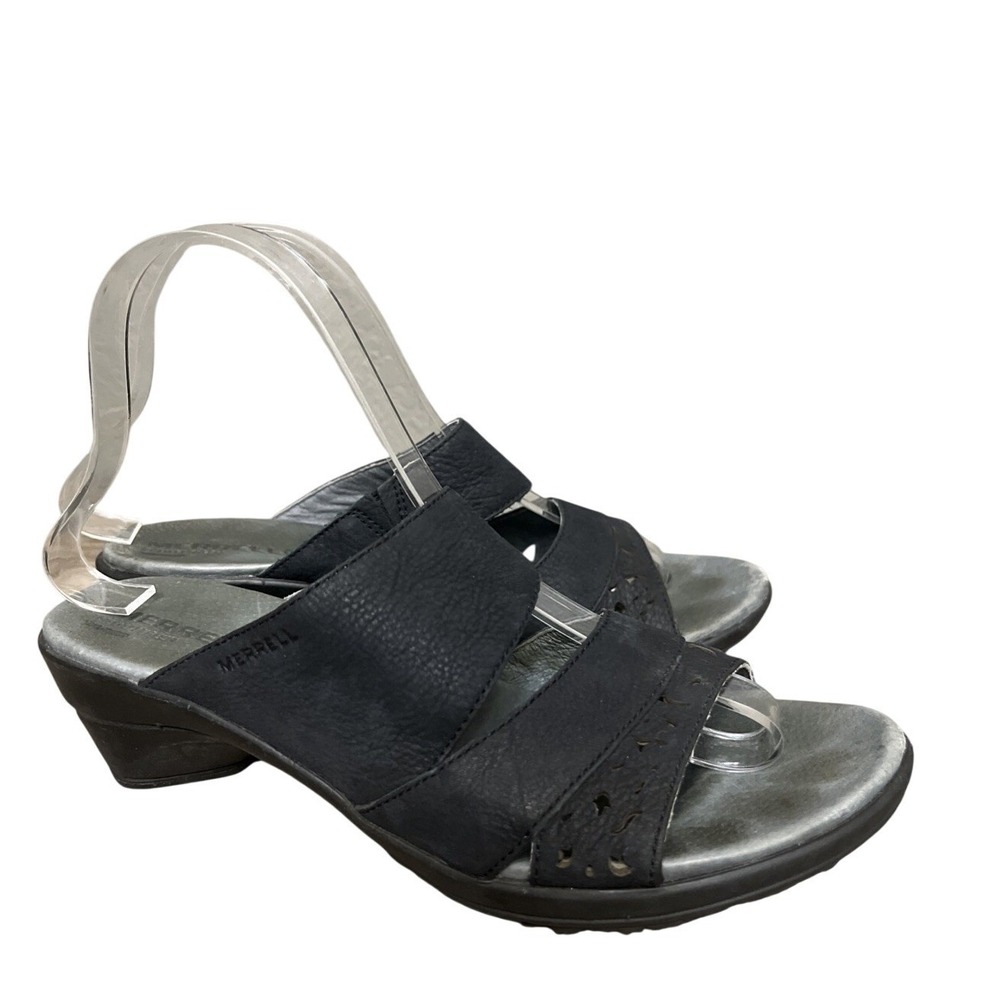 Merrell Slide Sandals‎ Womens 8 Black Leather Wedge Laser Ergo Comfort Walking